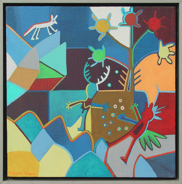 1984 acrylic 16x16
From the back of the painting:
Precolumbian Art
Peter Furst: Myth in Art: a Huichol depicts his Reality
Huichols - only major Indian group in Meso. with its aboriginal religion and world wiews still intact. Present homeland rugged and inaccessible in the Sierra Madre Occidental. About 10,000 pop. Ramon Medina Silva - Huichol Indian artist and shaman; medium Indian yarn painting. Originally ritual objects: nearika; now folk art objects. Beeswax base for colored yarn. Wax covers a wood board (softened in sun), design sketched into wax. Entire picture framed first with wool, then figures outlined with wool. then filled in two strands at a time. Hard on fingertips.
Huichel
In ancient times there was a dangerous sorcerer, Kiéri Tewíyari, Datura Person, who tried to mislead the people with his hallucinogenic powers. Kiéri was finally defeated by the sacred Deer, Elder Brother Káuyúmarie, who used peyote to fortify and immunize himself against the dangerous poisons of the sorcerer Kiéri. Here Kiéri is shown falling over backwards (lover right), after Káuyúmarie, with the horns of the deer on his head, “killed” him with five arrows. As he dies, the fox, animal of sorcerers and death, barks at upper left, and sparks and brilliant flashes of color representing diseases spew forth from the dying Kiéri’s mouth. Above him appears his other manifestation, the Datura (Jimson Weed) plant, into which he changes, for he does not truly die but only transforms himself to bewitch the people with his juices. 145-4514_c.png