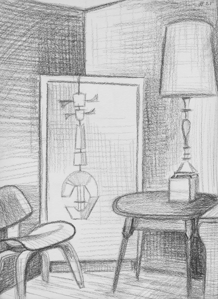 1961 pencil 11×8
Roberta’s living room at 853 Merlin Drive in San Diego.
The big rectangular object is a big speaker cover.
Roberta made the guitar mobile hanging over the cover.
Warren made the bent wood chair to the left. 156.jpg